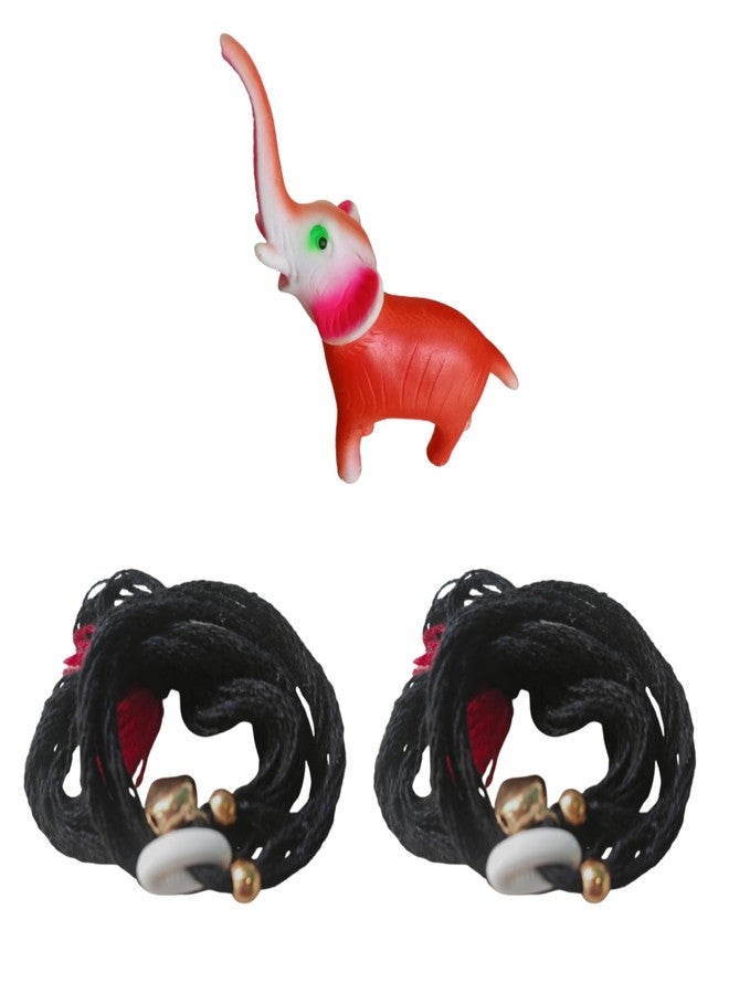 ZOKCY 2 in 1 (2 Chu Chu Elephant Toy + 2 Baby kamarband Nazariya Tagdi Thread) for New Born Baby Kids/Sound Elephant for New Born Kids/Black Cord Waist tagdi Adjustable Size - Image 1