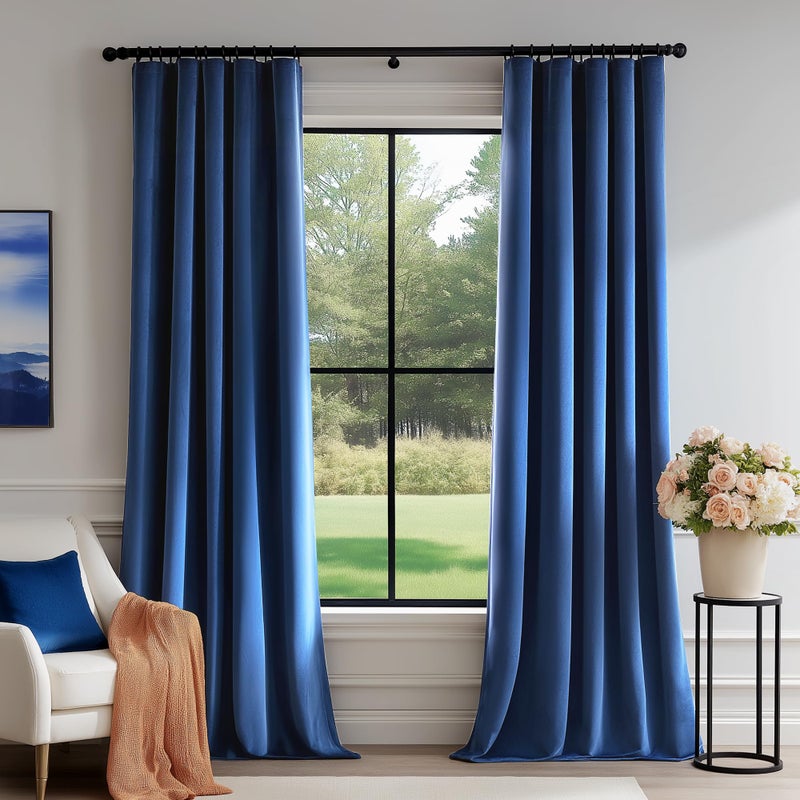 FMFUNCTEX Velvet Blackout Curtains Navy Blue Thermal Insulated Curtains for Bedroom Living Room Darkening Curtains 84 Inches Long Soft Luxury Rod Pocket Dark Blue Drapes Dining Room 2 Panels Set - Image 1