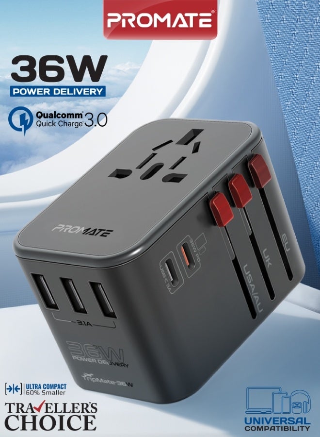 Travel Adapter, Universal Grounded Power Adapter with 1840W AC Socket, 20W USB-C™ Power Delivery Port, 15W USB-C™ Port, 3 USB Ports and 8A Surge Protect for UK, EU, AU, US, Appliances, TripMate-36W Black