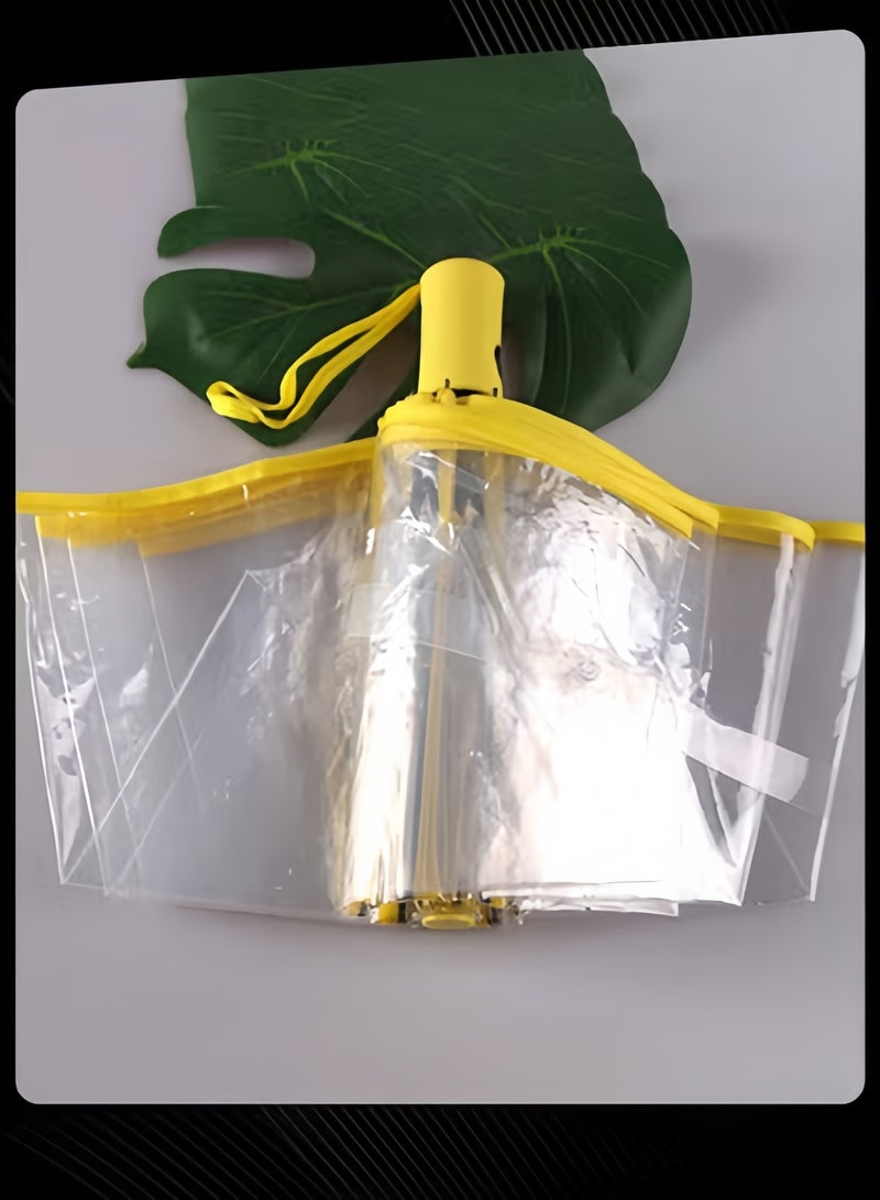 مظلة مطر شفافة ثلاثية الطي أوتوماتيكية بالكامل للسفر للنساء والفتيات في الهواء الطلق باللون الأصفر - Image 3