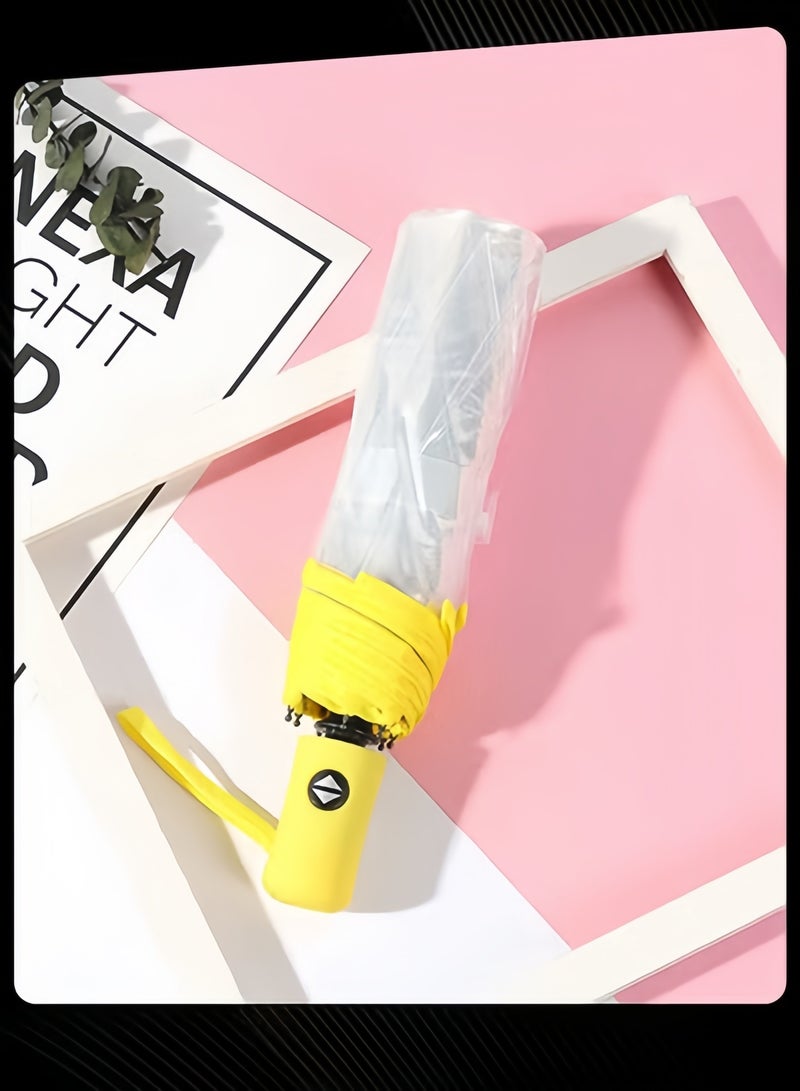 مظلة مطر شفافة ثلاثية الطي أوتوماتيكية بالكامل للسفر للنساء والفتيات في الهواء الطلق باللون الأصفر - Image 2