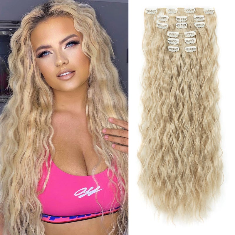 LONAI Clip In Hair Extensions 6PCS Curly 24 Long Synthetic Clip On Hairpiece For Women Natural Ash Blonde