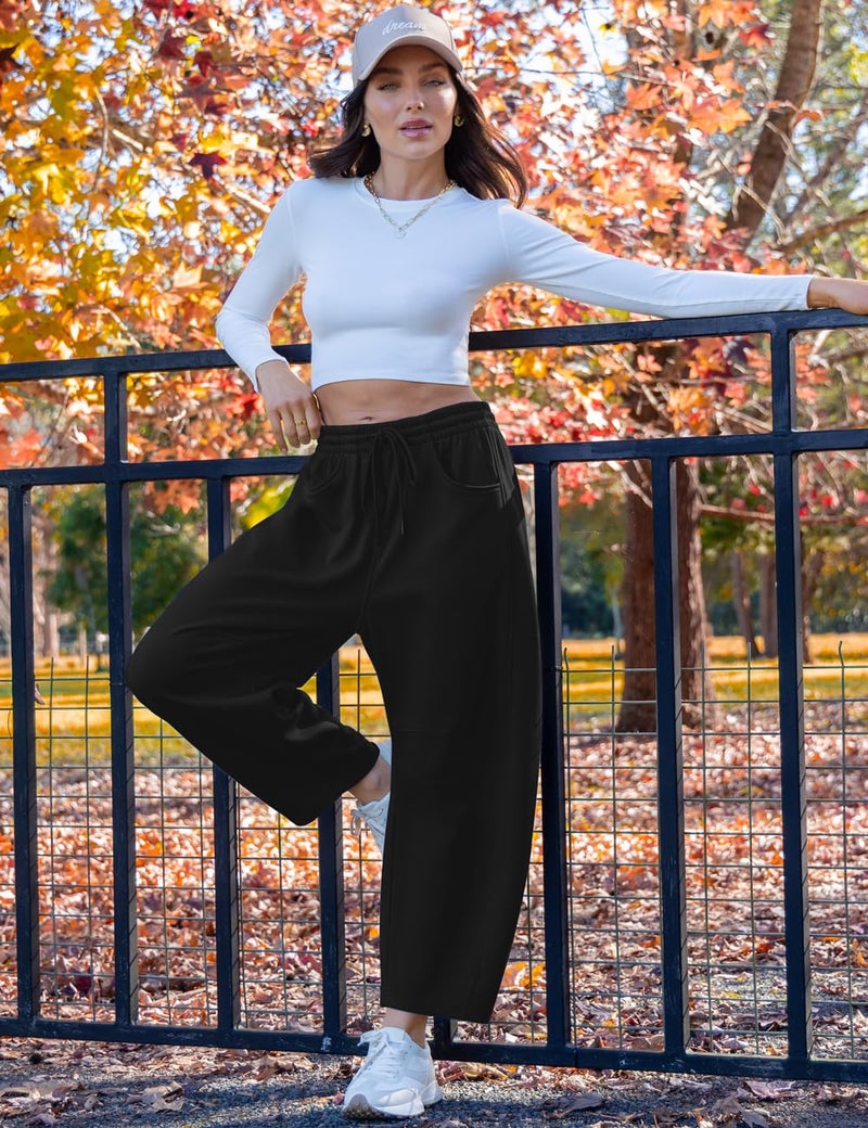 TARSE Women's Barrel Leg Sweatpant Drawstring Elastic Waisted Wide Leg Pants Casual Cotton Palazzo Trousers with Pockets, Black M - Image 2
