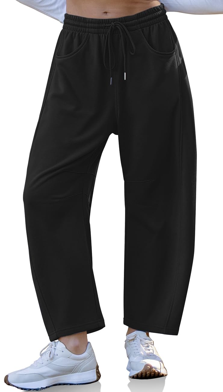 TARSE Women's Barrel Leg Sweatpant Drawstring Elastic Waisted Wide Leg Pants Casual Cotton Palazzo Trousers with Pockets, Black M - Image 1