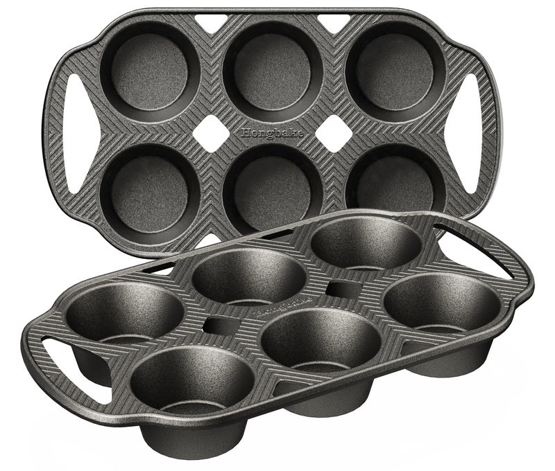 HONGBAKE Everline Collection Cast Iron Muffin Pans, Non toxic Uncoated 6-Cup Muffin Tins, Non-Stick Pre-Seasoned Cupcake Tray Pan Set for Baking, Oven & Stovetop Safe, Standard Size, 2 Pack - Image 1