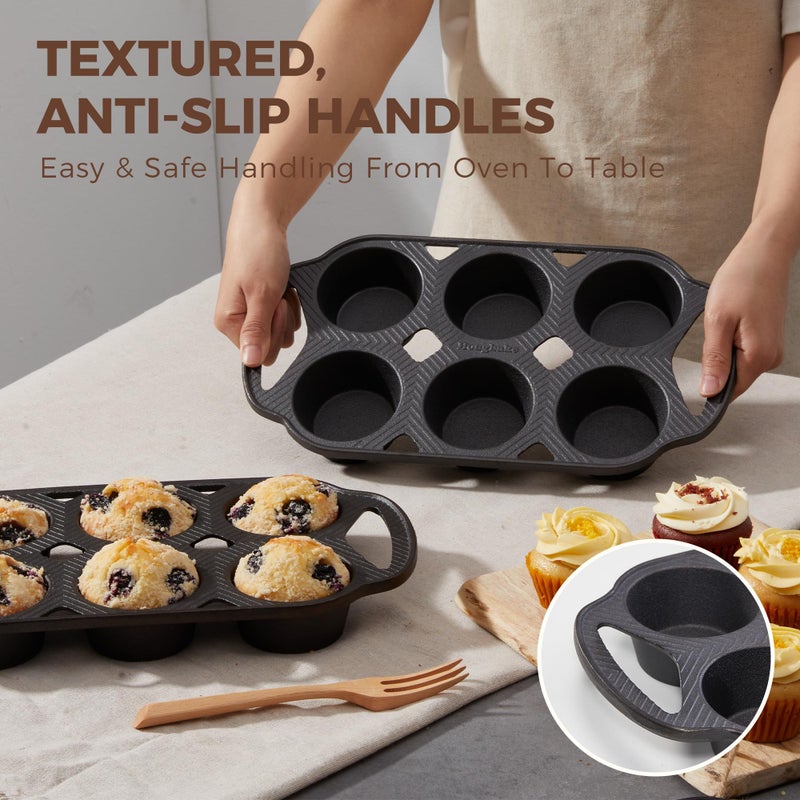 HONGBAKE Everline Collection Cast Iron Muffin Pans, Non toxic Uncoated 6-Cup Muffin Tins, Non-Stick Pre-Seasoned Cupcake Tray Pan Set for Baking, Oven & Stovetop Safe, Standard Size, 2 Pack - Image 3