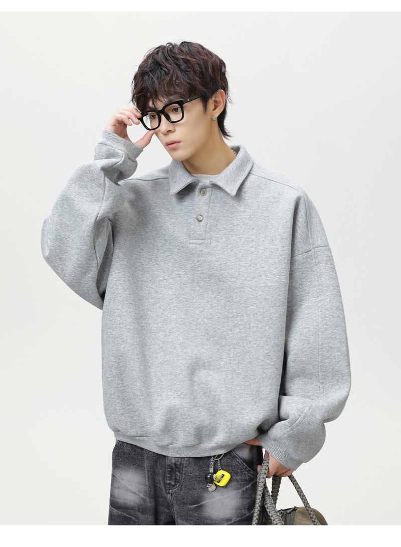 NIBEMINENT سويت شيرت رجالي بأزرار عتيقة بياقة كبيرة بأكمام طويلة بولو بولو بليزر فضفاض ملابس الشارع العلوية - Image 3