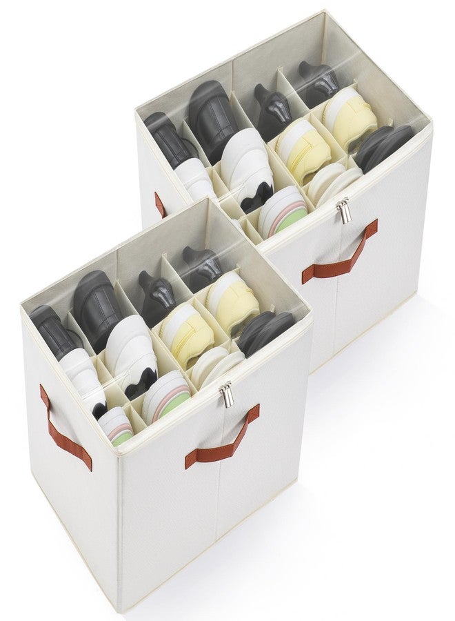 KitHero 2-Pack Shoe Organizer for Closet, Foldable Shoe Storage Container with Adjustable Dividers & Clear Lid, Holds Up to 12 Pairs, Space-Saving Shoe Boxes, White - Image 1