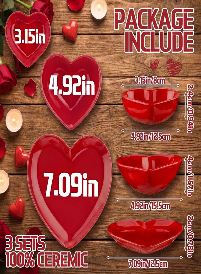 Suclain 3 Piece Heart Shaped Plates Set Valentines Day Plates and Bowls Dishes Mini Ceramic Ramekins Multipurpose Ceramic Bowl Microwave and Dishwasher Safe for Valentine‘S Day Party Supplies, Red - Image 2