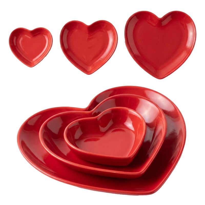 Suclain 3 Piece Heart Shaped Plates Set Valentines Day Plates and Bowls Dishes Mini Ceramic Ramekins Multipurpose Ceramic Bowl Microwave and Dishwasher Safe for Valentine‘S Day Party Supplies, Red - Image 1
