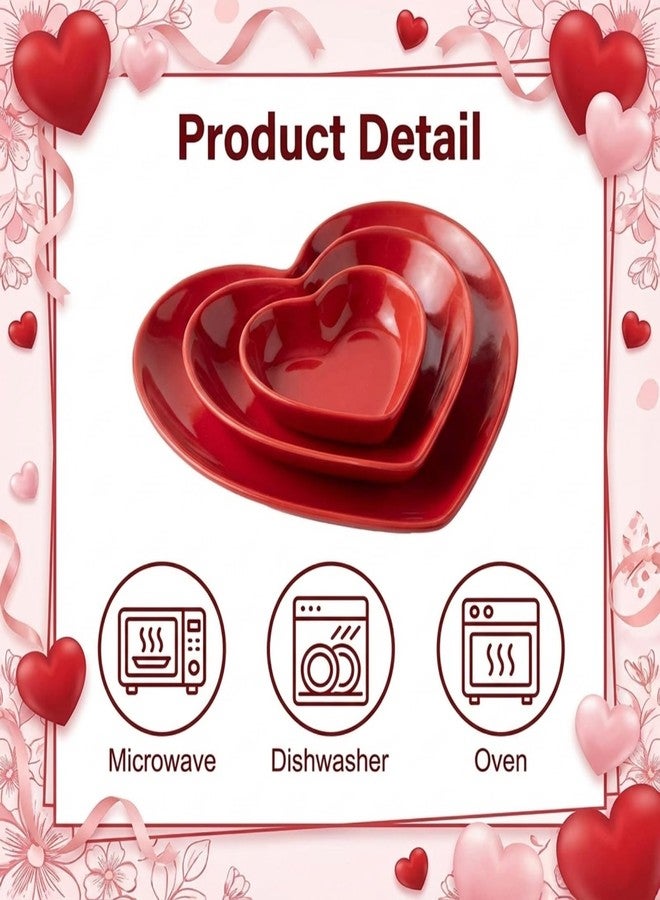 Suclain 3 Piece Heart Shaped Plates Set Valentines Day Plates and Bowls Dishes Mini Ceramic Ramekins Multipurpose Ceramic Bowl Microwave and Dishwasher Safe for Valentine‘S Day Party Supplies, Red - Image 5