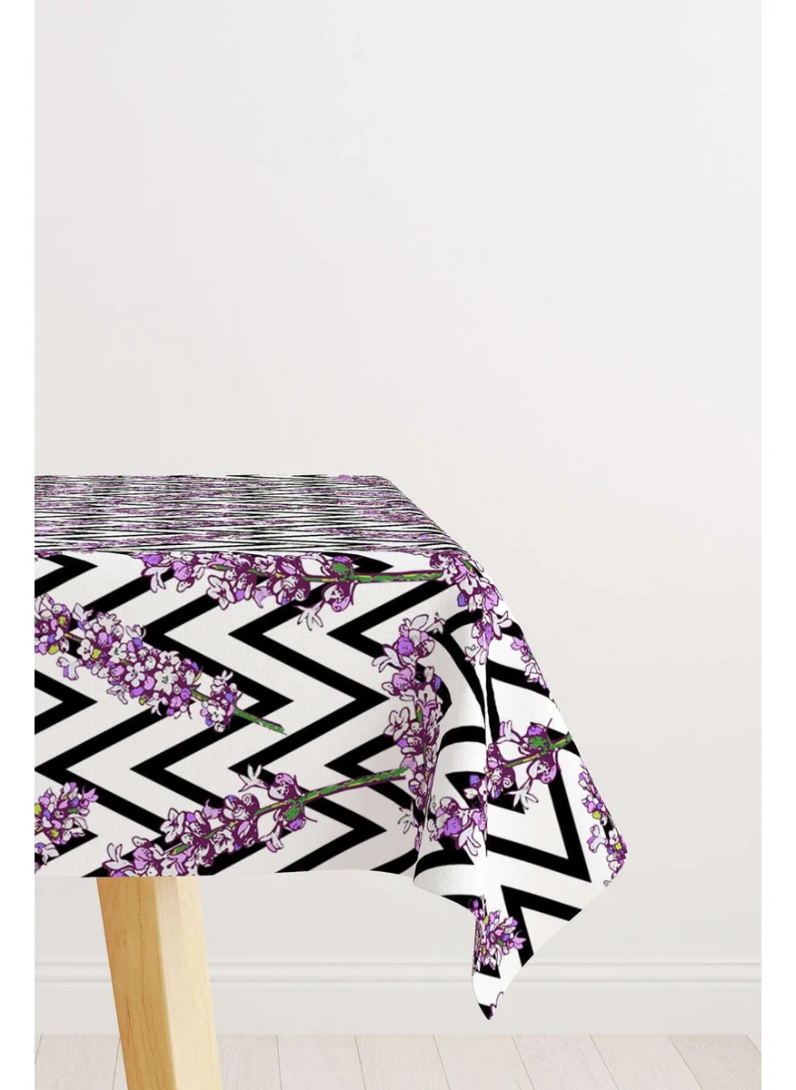 Cango Home White Black Striped Purple Floral Tablecloth CGH228-MS