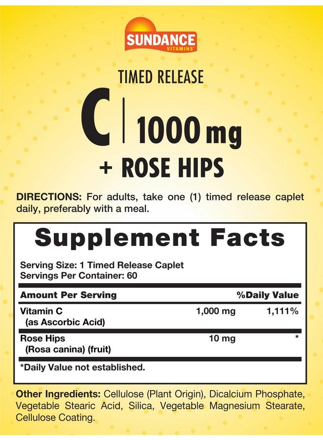Sundance Sundance Vitamin C with Rose Hips | 1000mg | 60 Caplets | Timed Release | Essential Vitamin | Vegetarian, Non-GMO, and Gluten Free Supplement - Image 2
