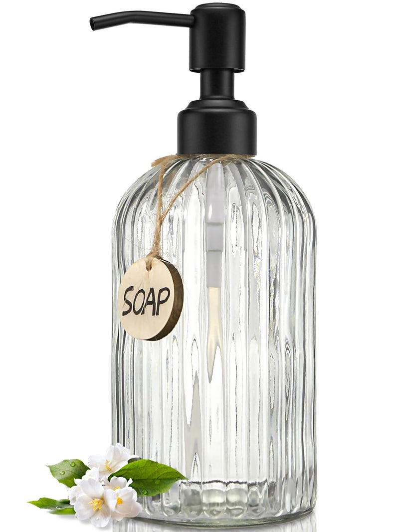 JASAI 18Oz Simple Glass Soap Dispenser with Black Rust Proof Pump,Refillable Kitchen soap Dispenser with Vertical Stripe, Bathroom Soap Dispenser for Dispense Hand soap, Dish Soap, Lotion. - Image 1