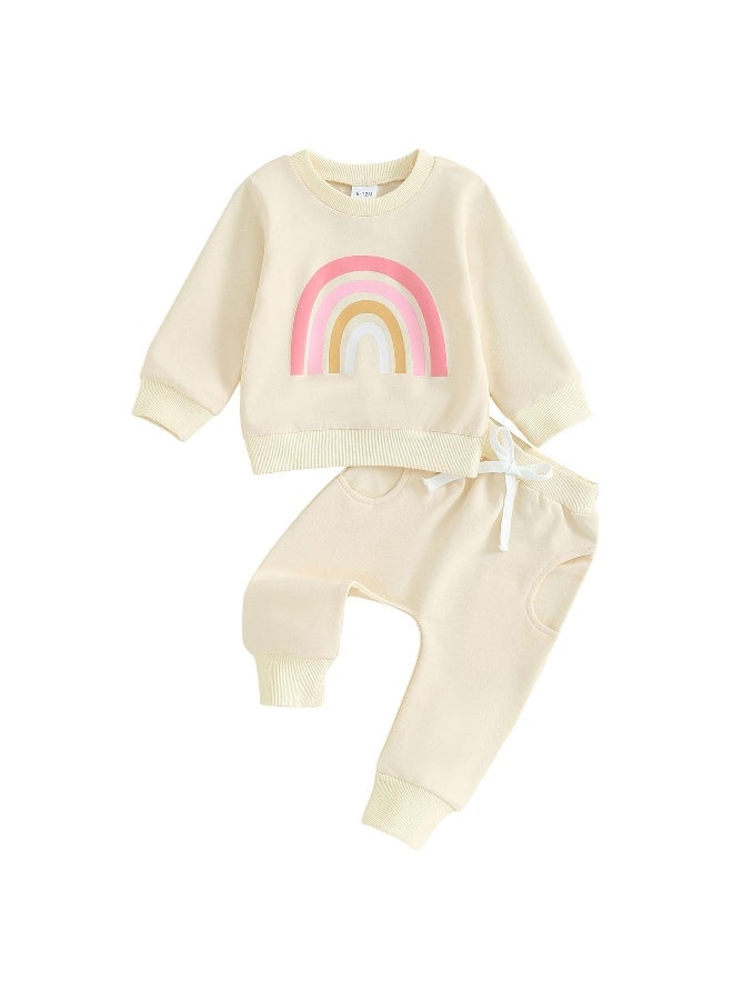 Two pieces Kids Suit Autumn Baby Girls Boys Outfits Cute Rainbow Print Long Sleeve Sweatshirt Top Pants Set For Toddler Clothes