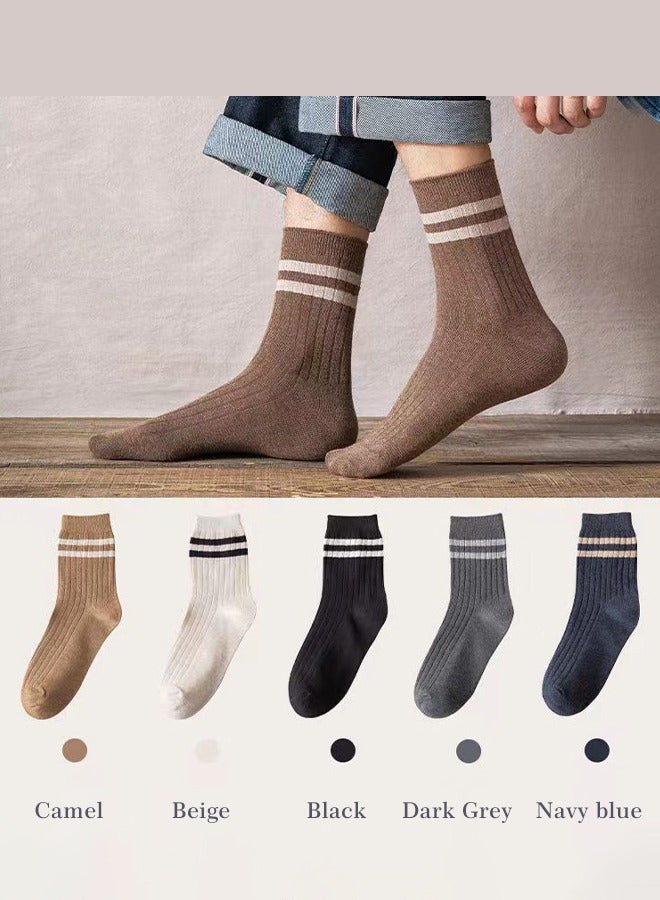 NIBEMINENT Pair of 5 Pure Cotton Breathable Sweat-absorbent Casual Socks Men's Double-needle Mid-calf for All Seasons Autumn and Winter Multicolor - Image 1