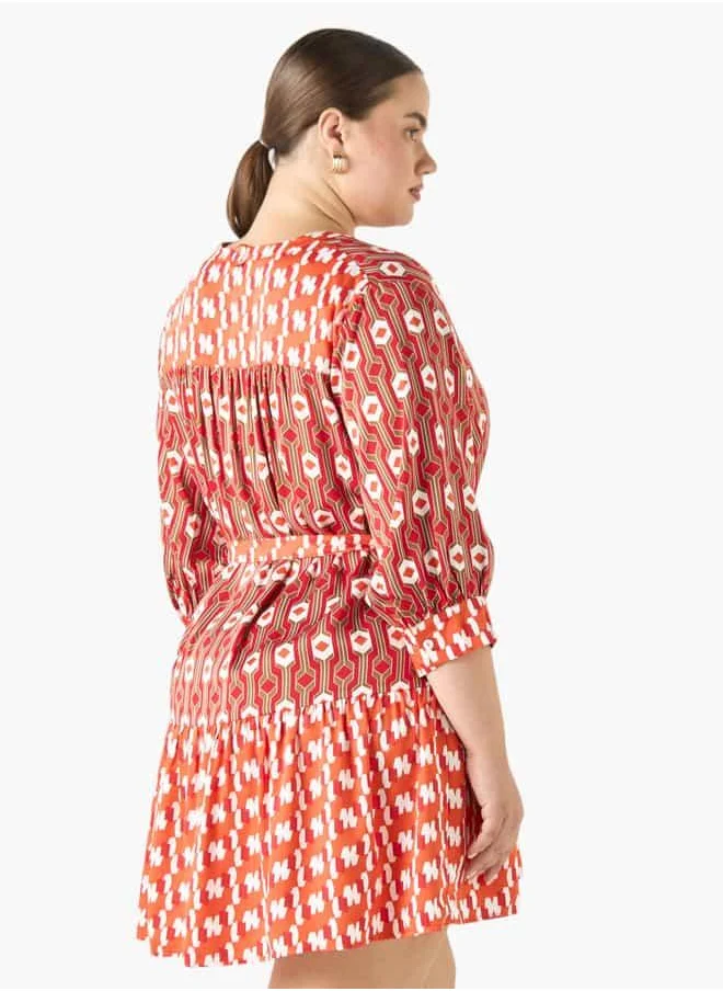  أولا بوبكن Plus Size Ulla Popken All-Over Print Dress with 3/4 Sleeves and Tie-Up Belt