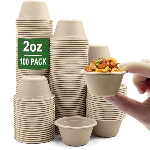 CAMKYDE 2 oz Disposable Bagasse Fiber Souffle Cups 100pk, 100% Natural Biodegradable Compostable Condiment Cups Sample Cup Tasting Cup (Natural, Pack of 100) - Image 1