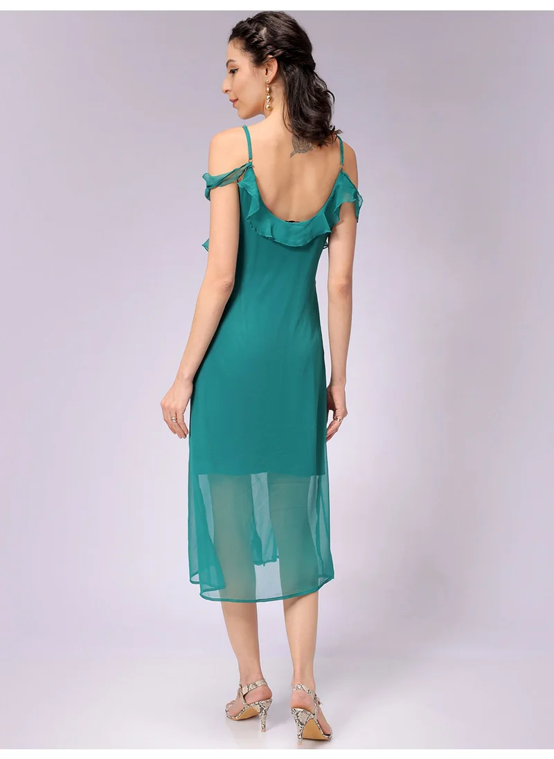 مرفوعة Women Casual A Line Solid Ruffle V-Neck Long Length Ruffle Dress