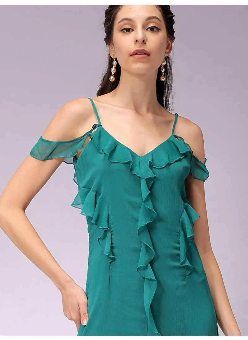 مرفوعة Women Casual A Line Solid Ruffle V-Neck Long Length Ruffle Dress