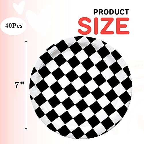 HSPAIDYP 40 Pcs Black & White Checkered Party Supplies - Racing Themed Paper Plates, 7" Dessert Plates for Kids Sports Themed Race Car Birthday Party Decorations - Image 2
