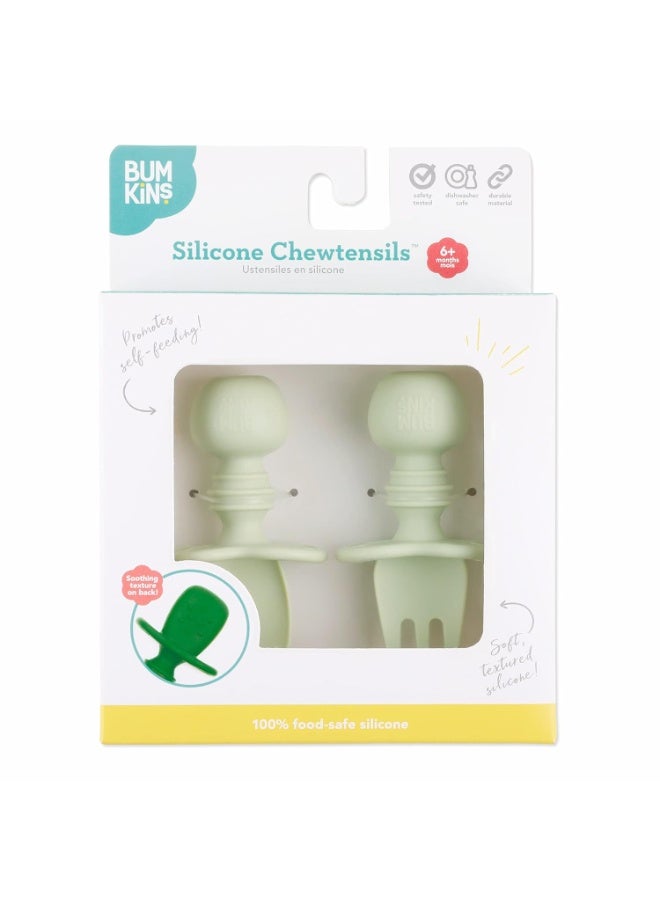 Bumkins Baby Utensils Set, Chewtensils Silicone Spoons for Dipping, Self-Feeding, Baby Led Weaning, Trainer Learning, First Stage Eating, Soft Practice Fork and Spoon, Babies 6 Months, Sage Green - Image 2