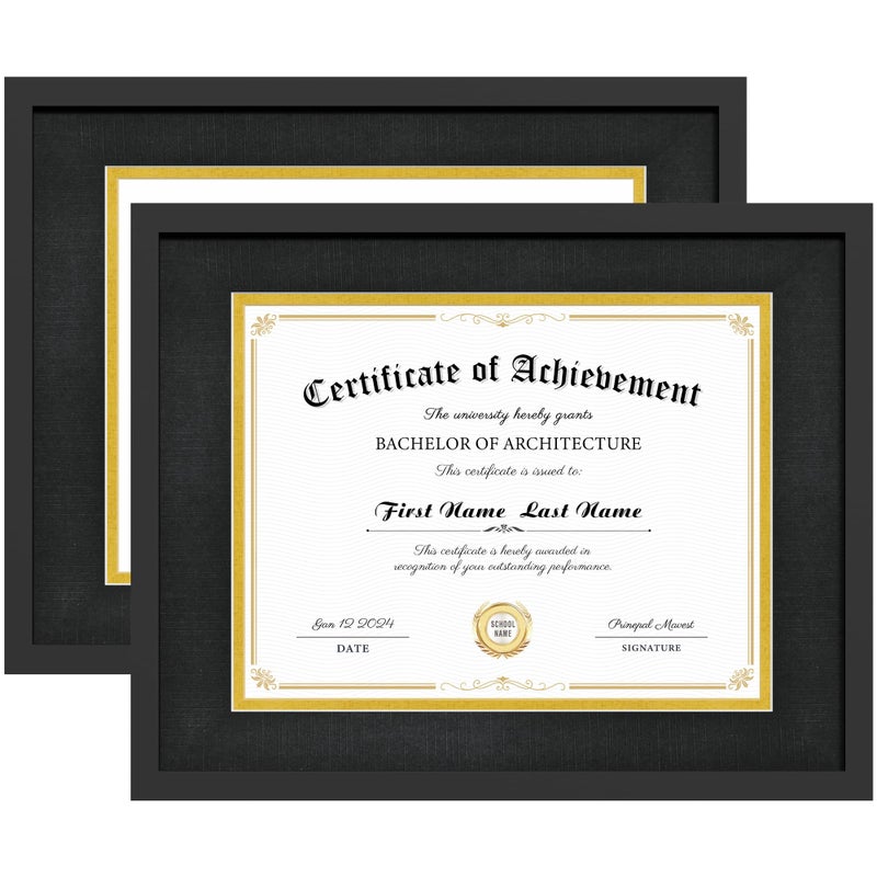 PEALSN 11x14 Diploma Frame, Classic Black Certificate Frame with Real Glass and Double Mat, Display Diploma 8.5x11 with Mat or 11x14 without Mat, Black Mat with Gold Rim, 2 Pack - Image 1