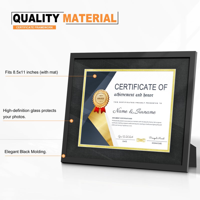 PEALSN 11x14 Diploma Frame, Classic Black Certificate Frame with Real Glass and Double Mat, Display Diploma 8.5x11 with Mat or 11x14 without Mat, Black Mat with Gold Rim, 2 Pack - Image 4