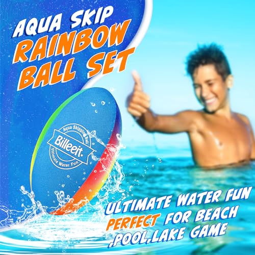 Billeeit Water Skipping Balls Set for Pool Play, Include 1 Rugby, 2 Balls and 2 Discs, Rainbow Color Splash Water Bouncing Balls, Fun Beach Toys & Games for Kids 3+ 4-8-12 and Adults - Image 2