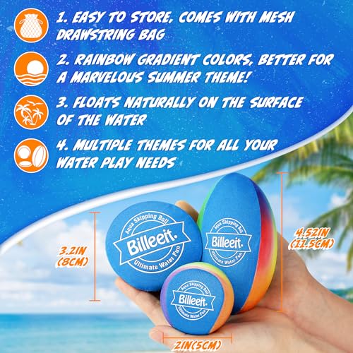 Billeeit Water Skipping Balls Set for Pool Play, Include 1 Rugby, 2 Balls and 2 Discs, Rainbow Color Splash Water Bouncing Balls, Fun Beach Toys & Games for Kids 3+ 4-8-12 and Adults - Image 3