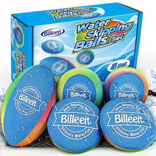 Billeeit Water Skipping Balls Set for Pool Play, Include 1 Rugby, 2 Balls and 2 Discs, Rainbow Color Splash Water Bouncing Balls, Fun Beach Toys & Games for Kids 3+ 4-8-12 and Adults - Image 1