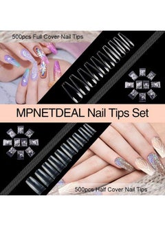 MPNETDEAL 1000Pcs Clear False Nails Extension Tips Half Cover 500Pcs Full Cover 500Pcs Coffin Shape Acrylic Nail Tips  - Image 3