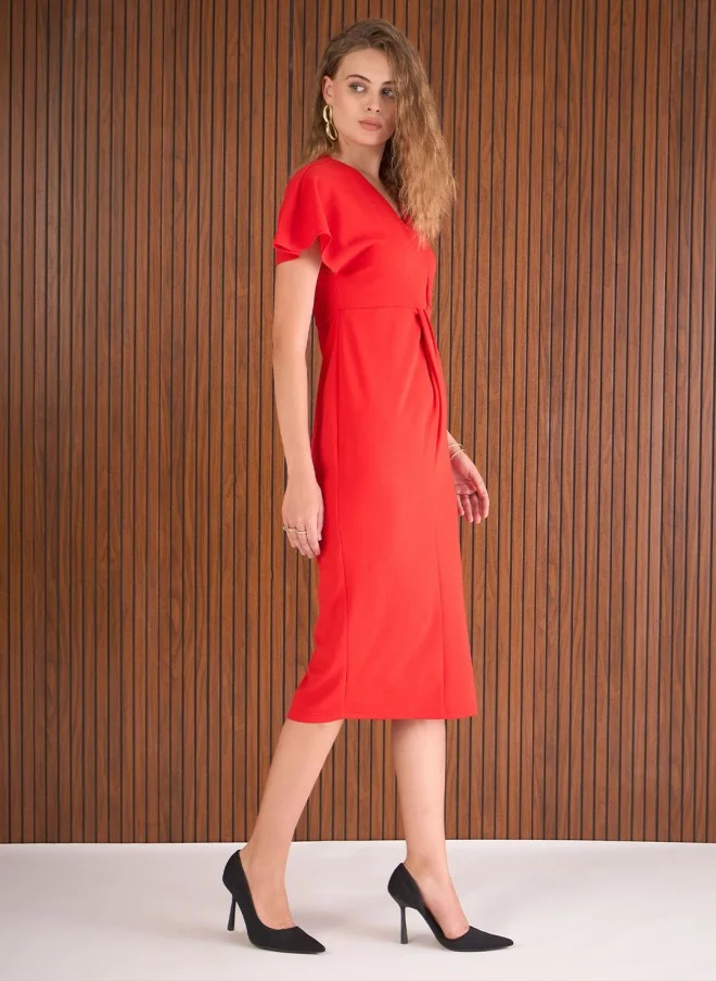 ساسافراس Red V-Neck Wrap Midi Dress for Women