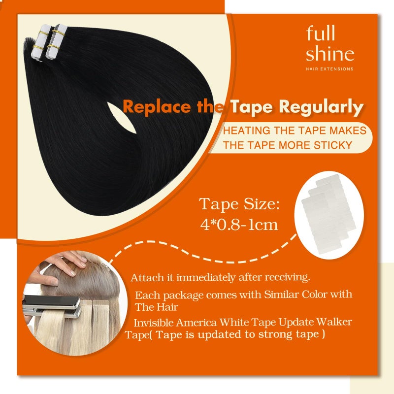 Full Shine Seamless Tape in Real Hair Extensions Color 1 Jet Black Double Sided Tape in Hair Extensions Human Hair 12Inch Short Remy Extension Cut Layered Style 30G 20Pcs Adhesive Tapes ins Thick End - Image 4