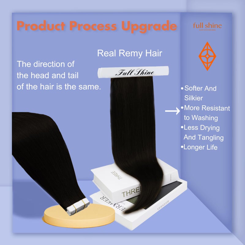 Full Shine Seamless Tape in Real Hair Extensions Color 1 Jet Black Double Sided Tape in Hair Extensions Human Hair 12Inch Short Remy Extension Cut Layered Style 30G 20Pcs Adhesive Tapes ins Thick End - Image 2