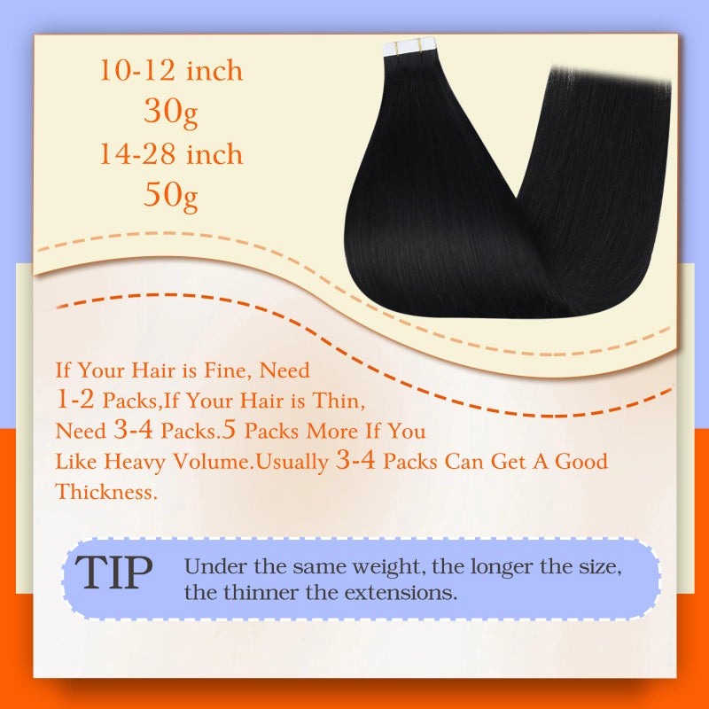 Full Shine Seamless Tape in Real Hair Extensions Color 1 Jet Black Double Sided Tape in Hair Extensions Human Hair 12Inch Short Remy Extension Cut Layered Style 30G 20Pcs Adhesive Tapes ins Thick End - Image 3
