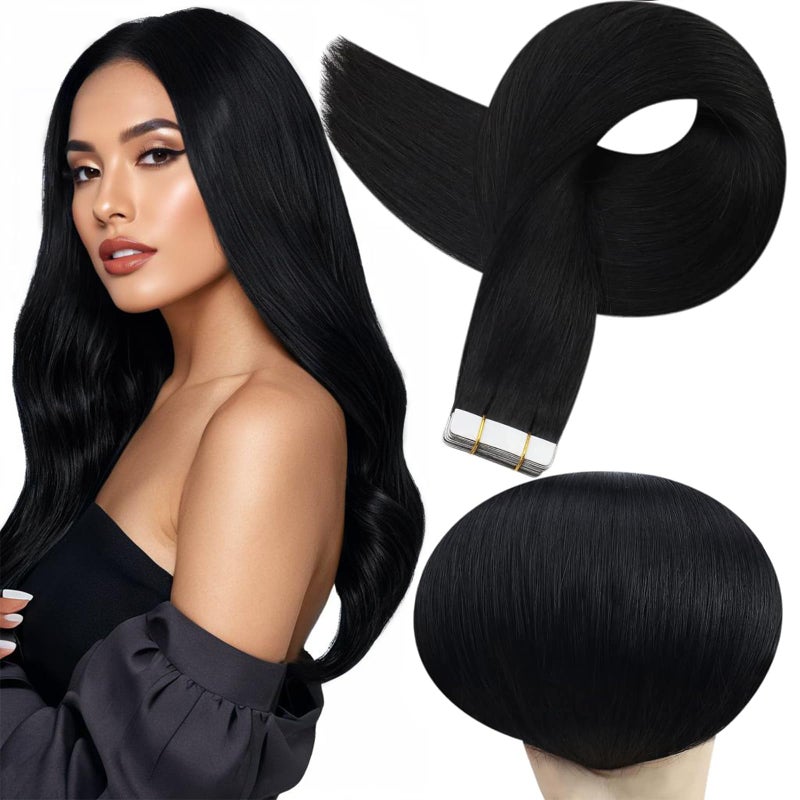 Full Shine Seamless Tape in Real Hair Extensions Color 1 Jet Black Double Sided Tape in Hair Extensions Human Hair 12Inch Short Remy Extension Cut Layered Style 30G 20Pcs Adhesive Tapes ins Thick End - Image 1