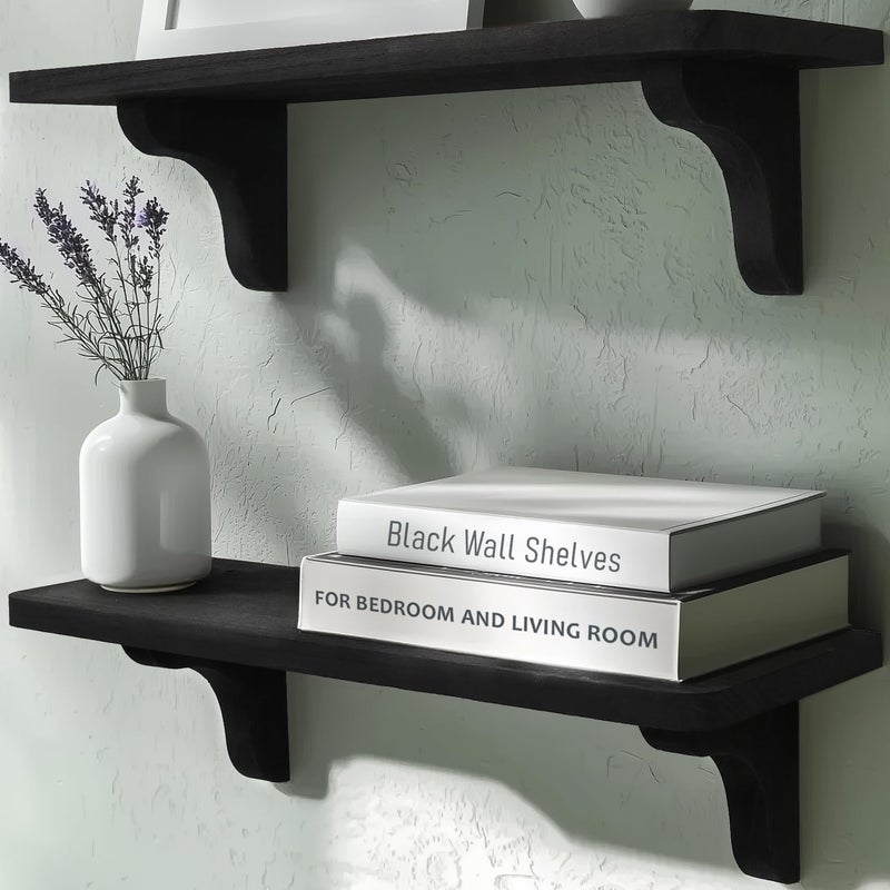 Willowy Real Wood Black Wall Shelves - 17 inch (2 Pack) - Easy to Install, Template and Video Included - Black Wall Shelving, Black Shelves for Bedroom, Shelves for Wall Decor - Image 1