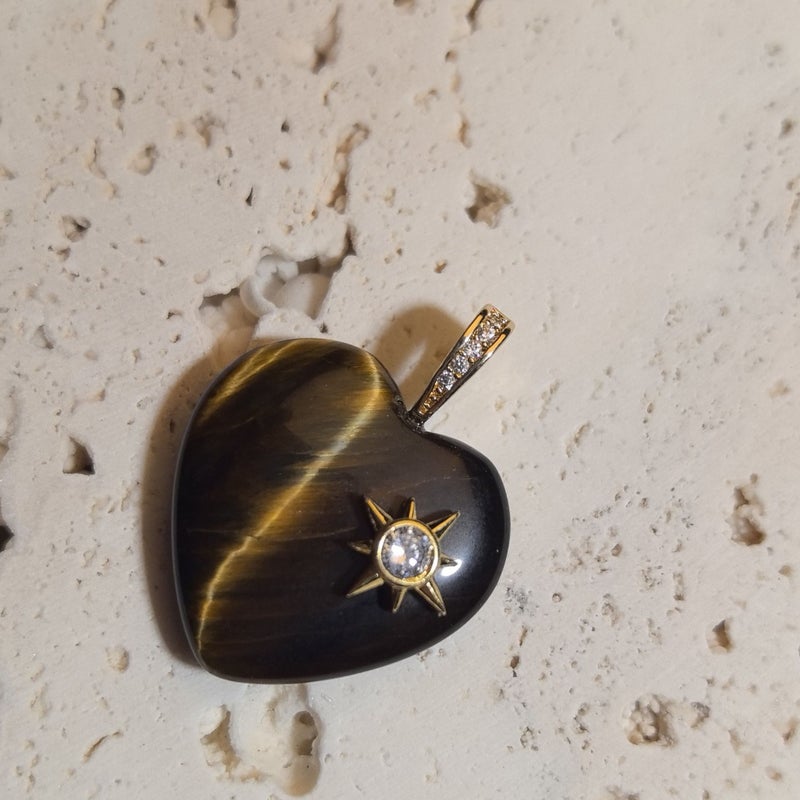 Natural Stone Heart Copper Plated Buckle Six Pointed Star Zirconia Pendant Necklace Yellowstone - Image 3