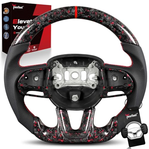 Tesfeel Forged Carbon Fiber Steering Wheel for Dodge Challenger/for Dodge Charger 2015-2024, Red Foil Pattern with Trim Cover, D-Shape Design, Red Stitching and Center Stripe - Image 1