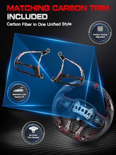 Tesfeel Forged Carbon Fiber Steering Wheel for Dodge Challenger/for Dodge Charger 2015-2024, Red Foil Pattern with Trim Cover, D-Shape Design, Red Stitching and Center Stripe - Image 4