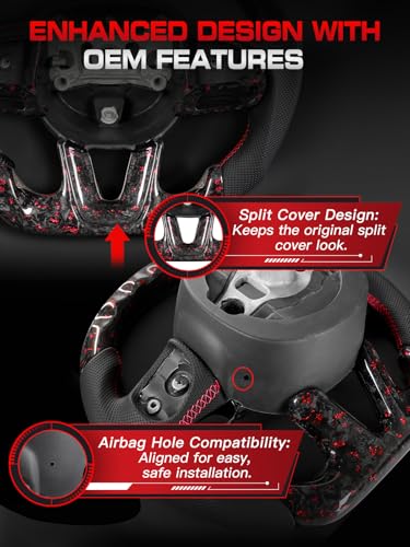 Tesfeel Forged Carbon Fiber Steering Wheel for Dodge Challenger/for Dodge Charger 2015-2024, Red Foil Pattern with Trim Cover, D-Shape Design, Red Stitching and Center Stripe - Image 5
