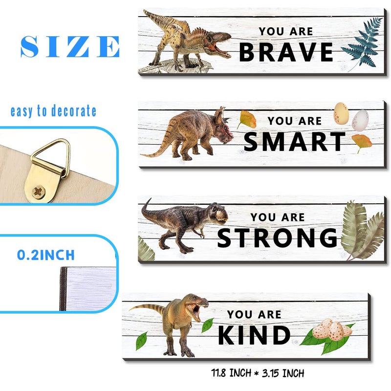 Ubluro 4 Pieces Dinosaur Motivational Wall Art Decors - Dinosaur Wooden Hanging Wall Prints Plaques - Image 2