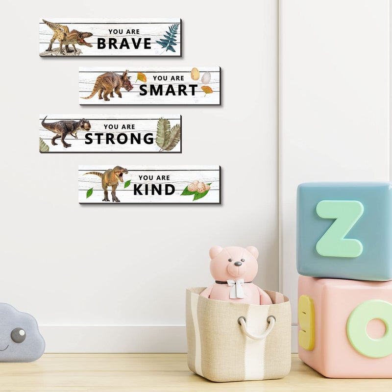 Ubluro 4 Pieces Dinosaur Motivational Wall Art Decors - Dinosaur Wooden Hanging Wall Prints Plaques - Image 5