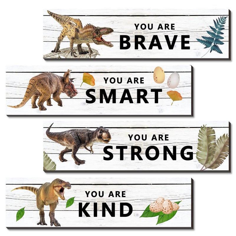 Ubluro 4 Pieces Dinosaur Motivational Wall Art Decors - Dinosaur Wooden Hanging Wall Prints Plaques - Image 1