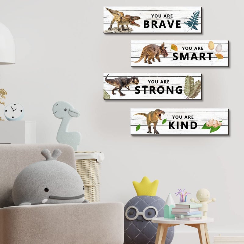 Ubluro 4 Pieces Dinosaur Motivational Wall Art Decors - Dinosaur Wooden Hanging Wall Prints Plaques - Image 3