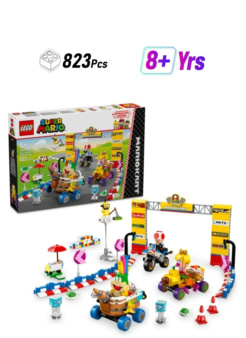 ليغو Super Mario: Mario Kart – Baby Peach & Grand Prix Building Toy Set, with 4 Nintendo Character Figures and 4 Vehicles Incl. Standard Bike, Gift for 8 Plus Year Old Boys, Girls and Gamers 72036 (823 pieces)