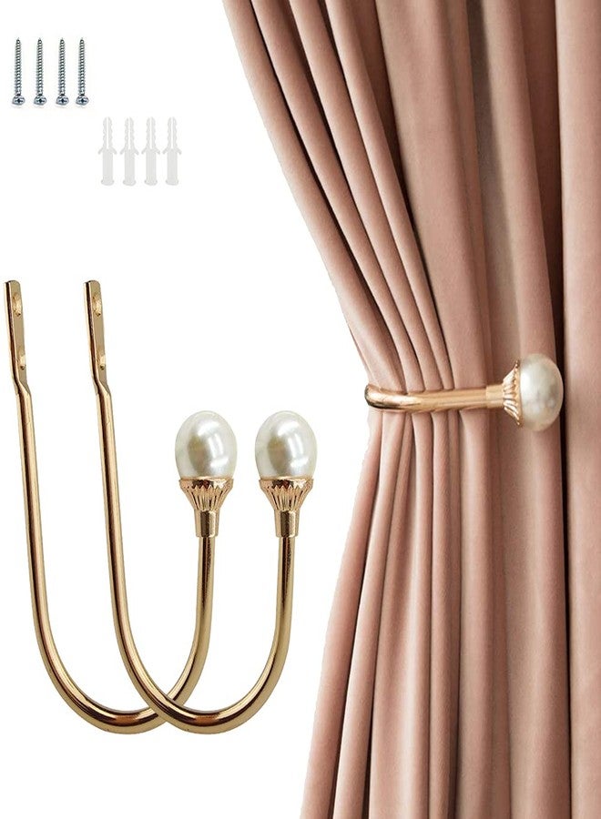 Coolnice 2 Pack Curtain Holdbacks Wall Mounted Curtain Tiebacks Hooks Plastic Pearl U Shape Curtain Tiebacks with Screws Curtain Ties for Home Office-Gold - Image 1