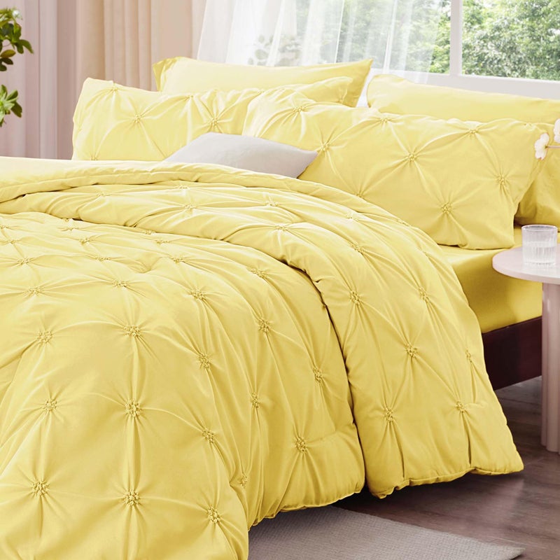 BEDELITE Light Yellow Queen Comforter Set - 3 Pieces Boho Pintuck Bedding Comforter Sets, Lightweight Soft & Warm Bed Comforter Queen with 2 Pillowcases for All Season - Image 2