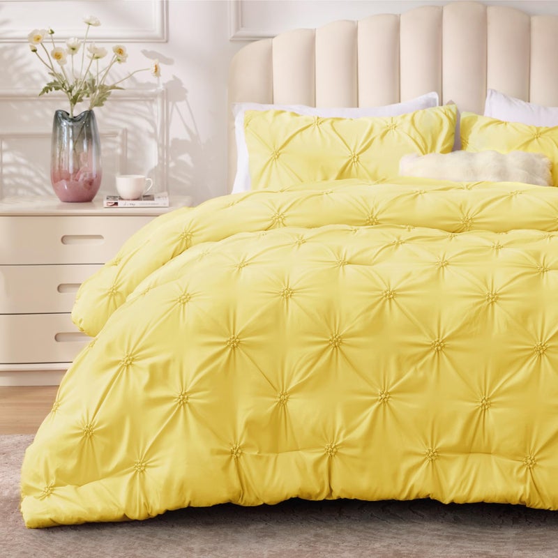 BEDELITE Light Yellow Queen Comforter Set - 3 Pieces Boho Pintuck Bedding Comforter Sets, Lightweight Soft & Warm Bed Comforter Queen with 2 Pillowcases for All Season - Image 1